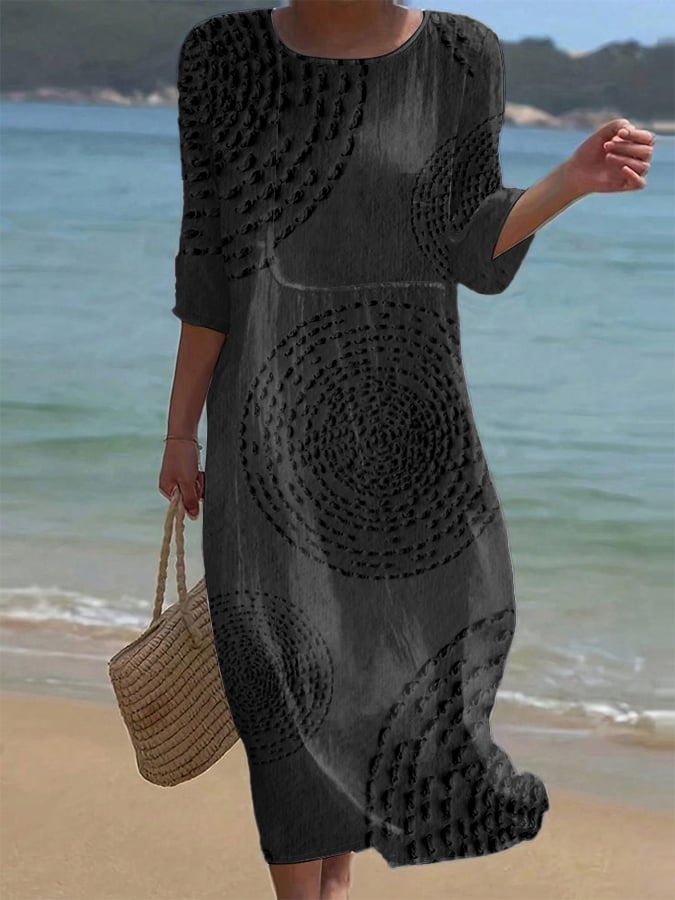 Pavessa - Flowy Midi Dress in Cotton and Linen with Textured Pattern