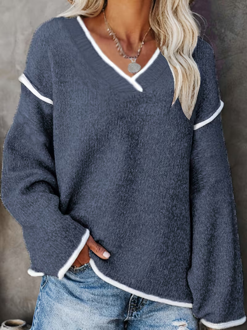 Gwenetta - Casual V-Neck Long Sleeve Sweater