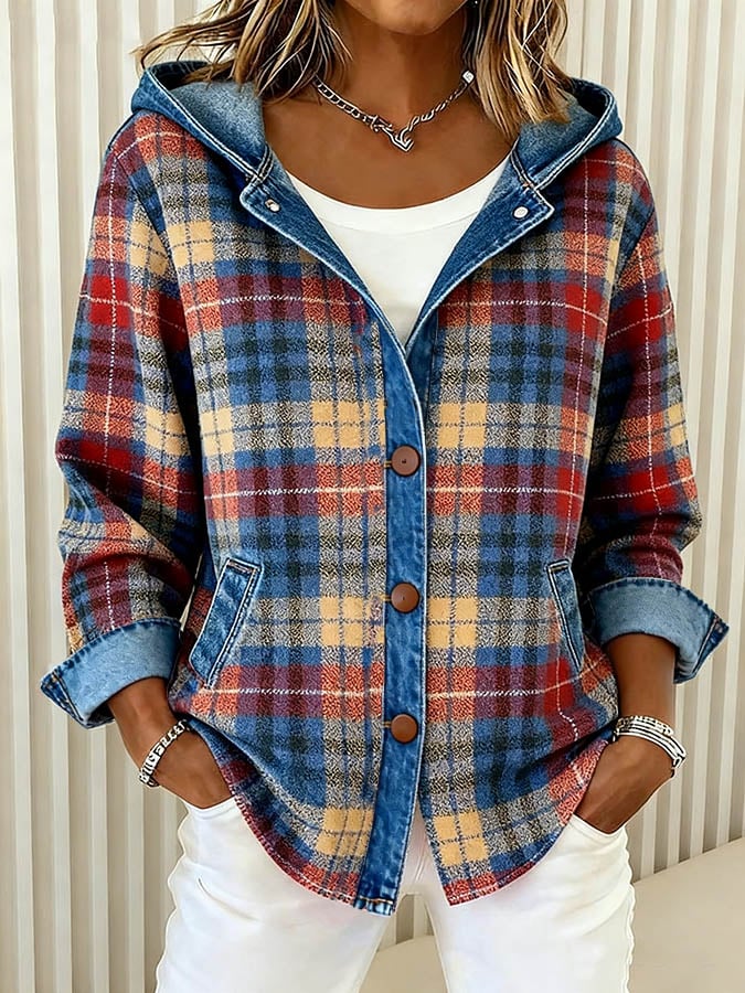Nadrina - Denim Jacket with Hood and Contrasting Check Pattern