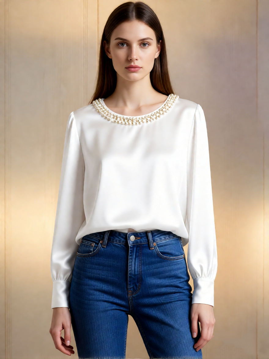 Neralivora - Beaded Satin Top with Jewel Collar