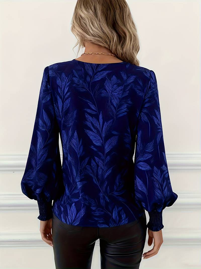 Heliviennea - Elegant Long-Sleeved Blouse with Leaf Print