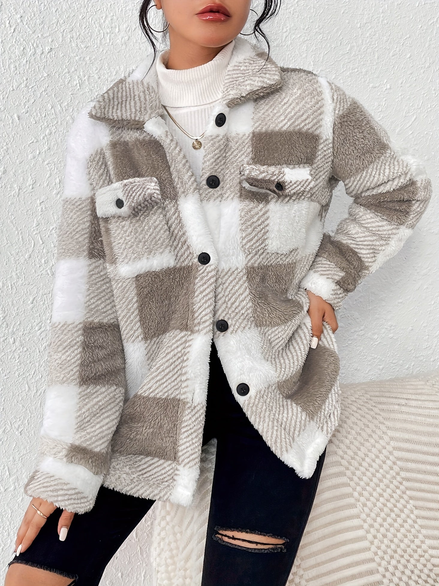 Doreline - Veste d’Hiver en Peluche à Imprimé Carreaux