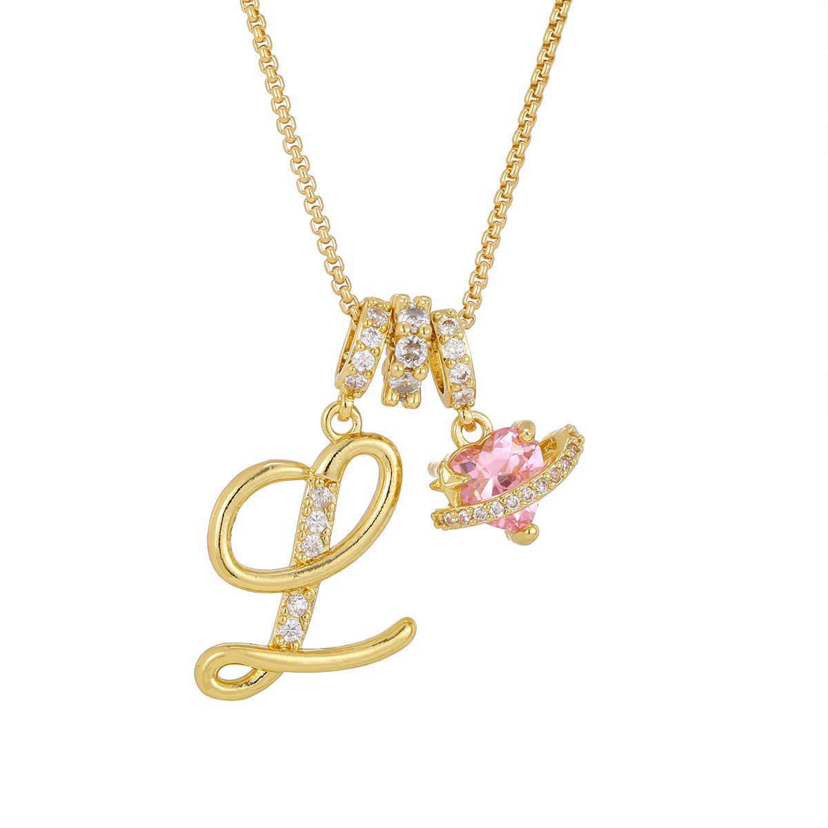 Carmelle - Initial Necklace with Sparkling Pink Heart