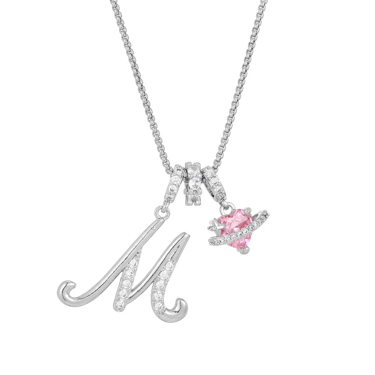 Carmelle - Initial Necklace with Sparkling Pink Heart