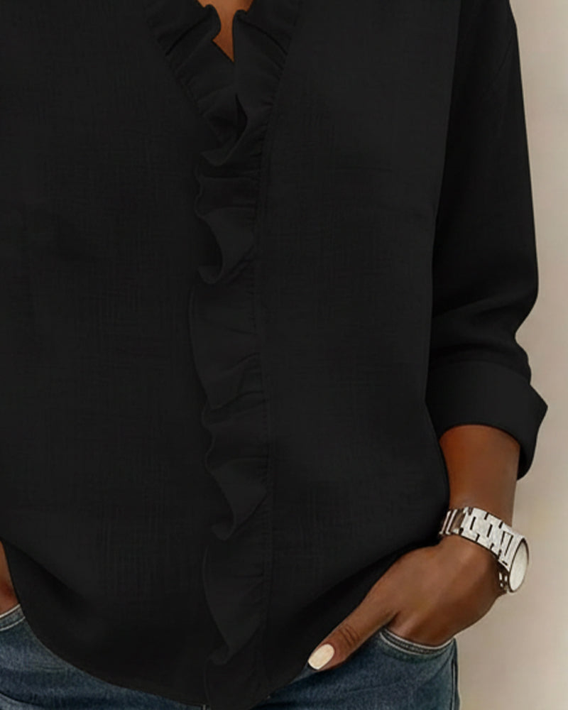 Elissavienne - Elegant Cotton Blouse with Ruffles and V-Neck