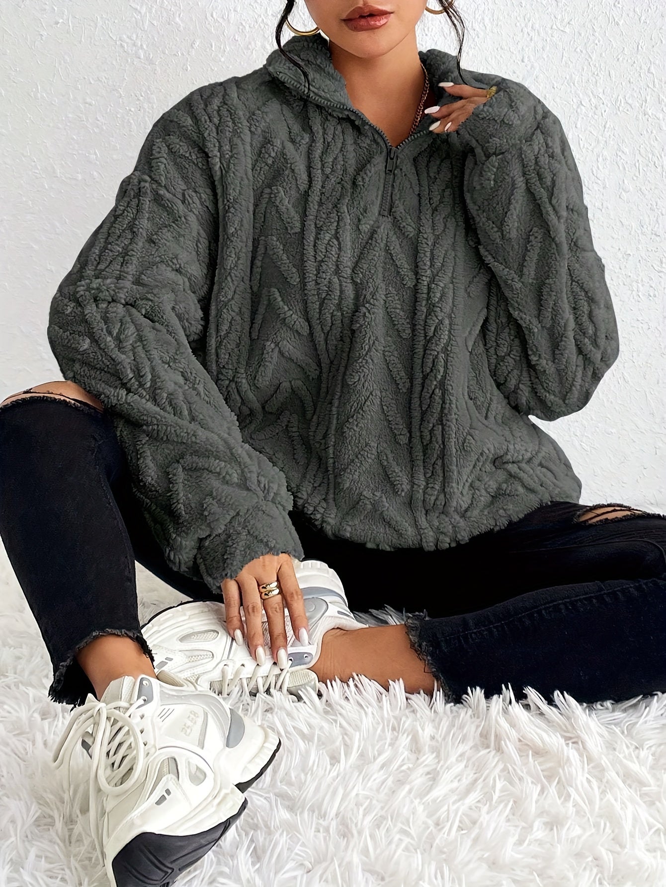 Claudette - Sweatshirt Luxe en Fleece à Tricot Cable