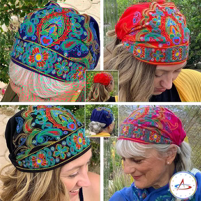 Ravelle - Hand-embroidered bandanas and caps with colorful designs