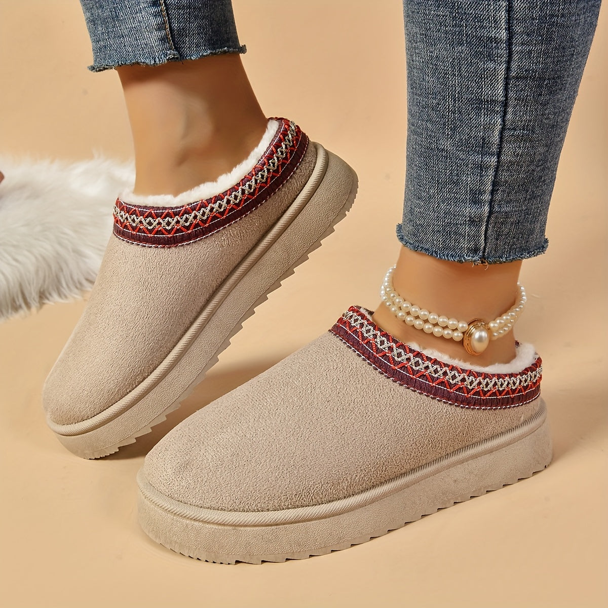 Selviane - Ethnic Slip-On Boots with Faux Fur Lining