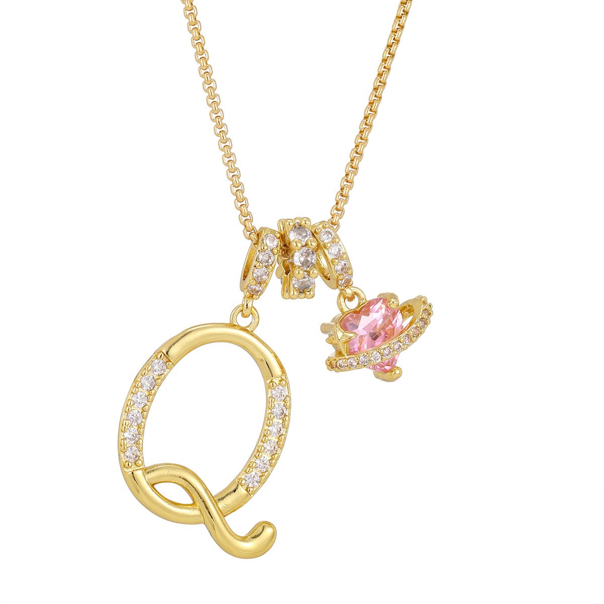 Carmelle - Initial Necklace with Sparkling Pink Heart