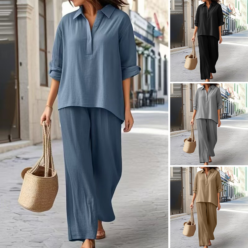Floriane - Cotton and Linen Shirt and Wide Leg Pants Set