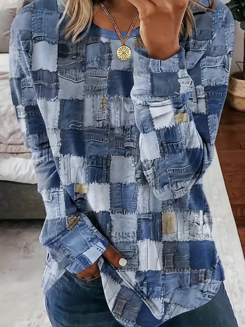 Pryselavine - Long Sleeve Checkered Pattern Casual Comfort Top