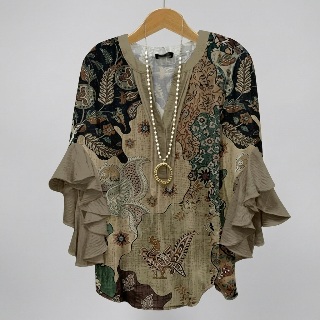 Faylissura – Elegant Loose-Fitting V-Neck Blouse with Artistic Print