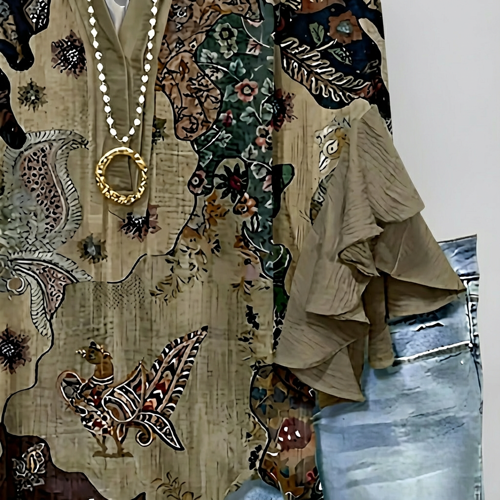 Faylissura – Elegant Loose-Fitting V-Neck Blouse with Artistic Print