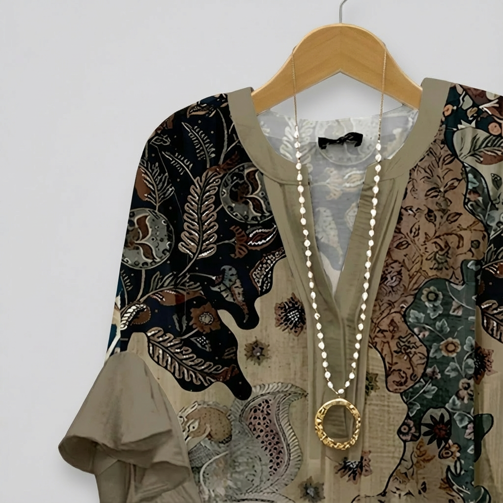 Faylissura – Elegant Loose-Fitting V-Neck Blouse with Artistic Print