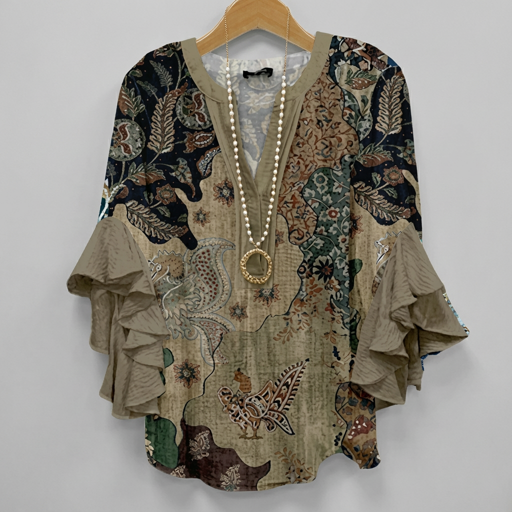 Faylissura – Elegant Loose-Fitting V-Neck Blouse with Artistic Print