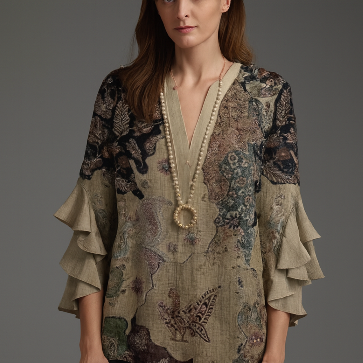 Faylissura – Elegant Loose-Fitting V-Neck Blouse with Artistic Print