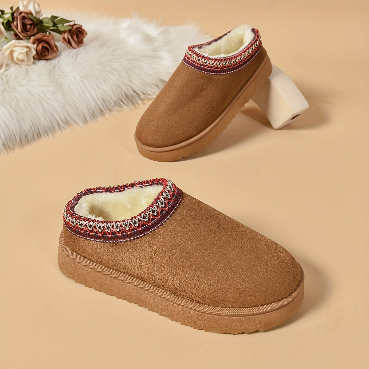 Selviane - Ethnic Slip-On Boots with Faux Fur Lining