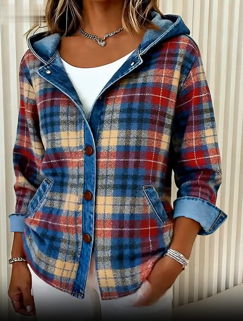 Nadrina - Denim Jacket with Hood and Contrasting Check Pattern