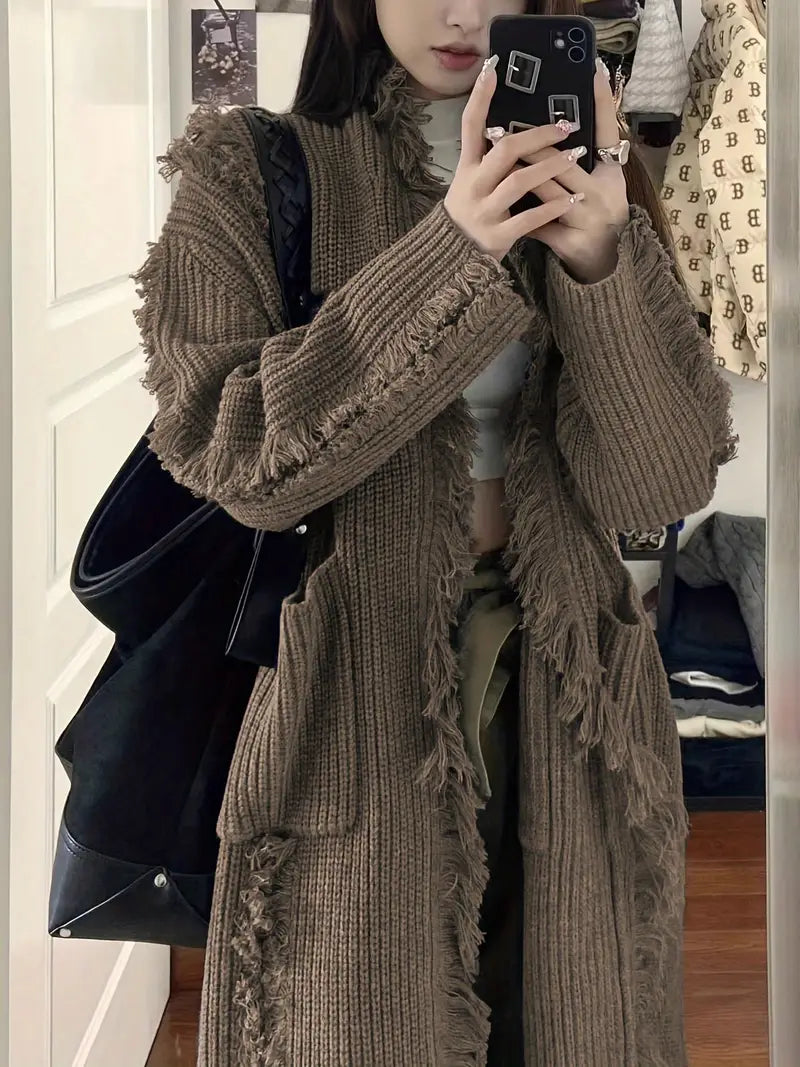 Reine - Cardigan Long à Franges – Style Décontracté et Tendance