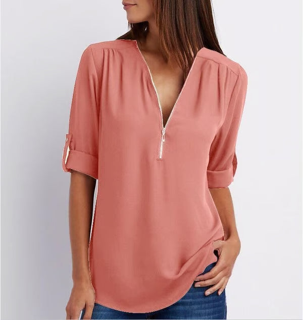 Quelina - Blouse Zippée Ample à Manches 3/4