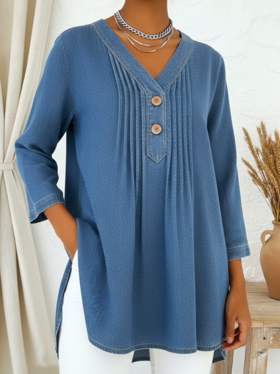 Avelynne - Blouse Denim Fluide à Col V