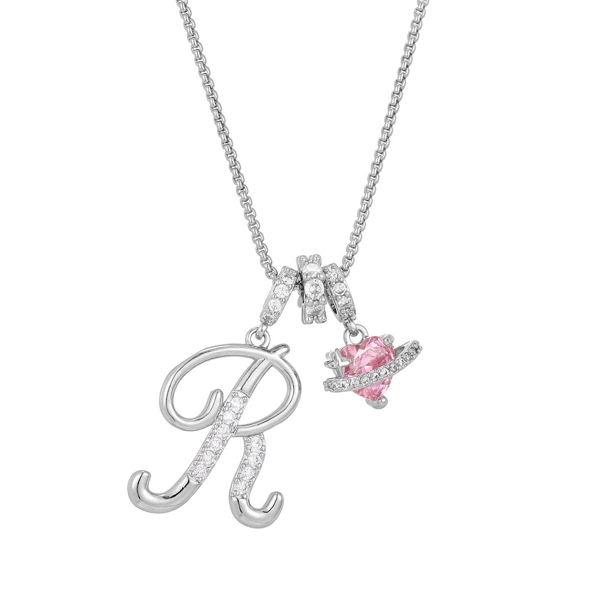 Carmelle - Initial Necklace with Sparkling Pink Heart