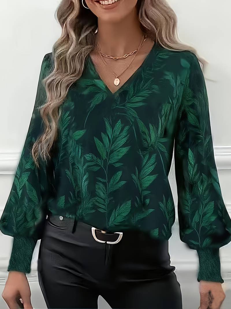 Heliviennea - Elegant Long-Sleeved Blouse with Leaf Print