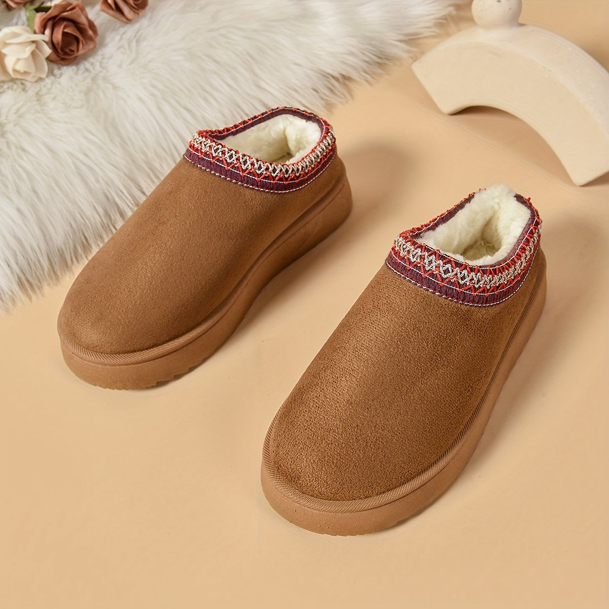 Selviane - Ethnic Slip-On Boots with Faux Fur Lining