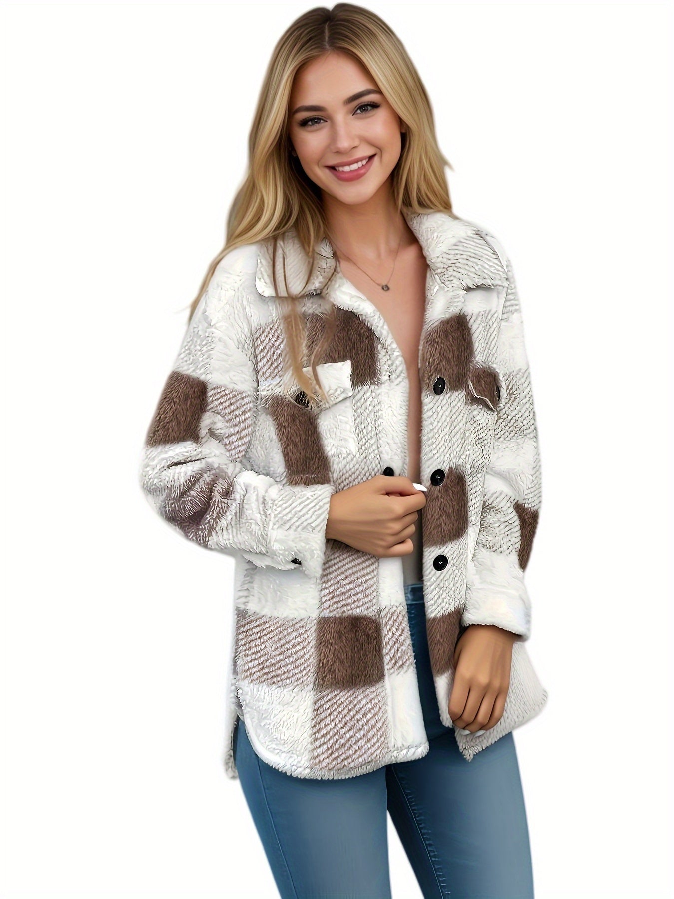 Doreline - Veste d’Hiver en Peluche à Imprimé Carreaux