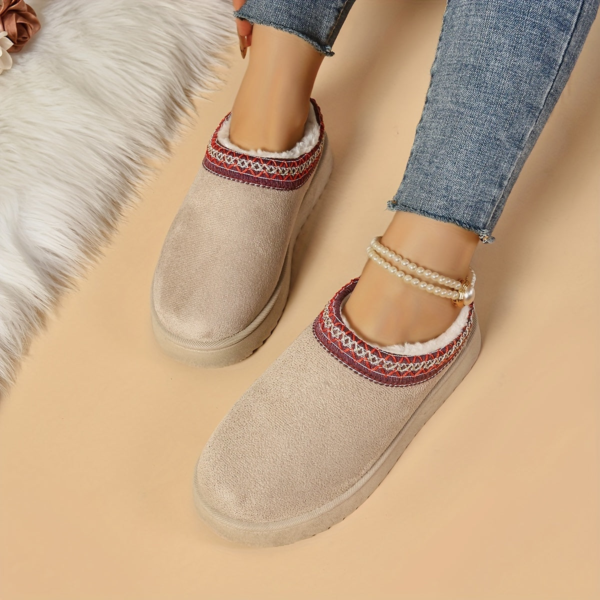 Selviane - Ethnic Slip-On Boots with Faux Fur Lining