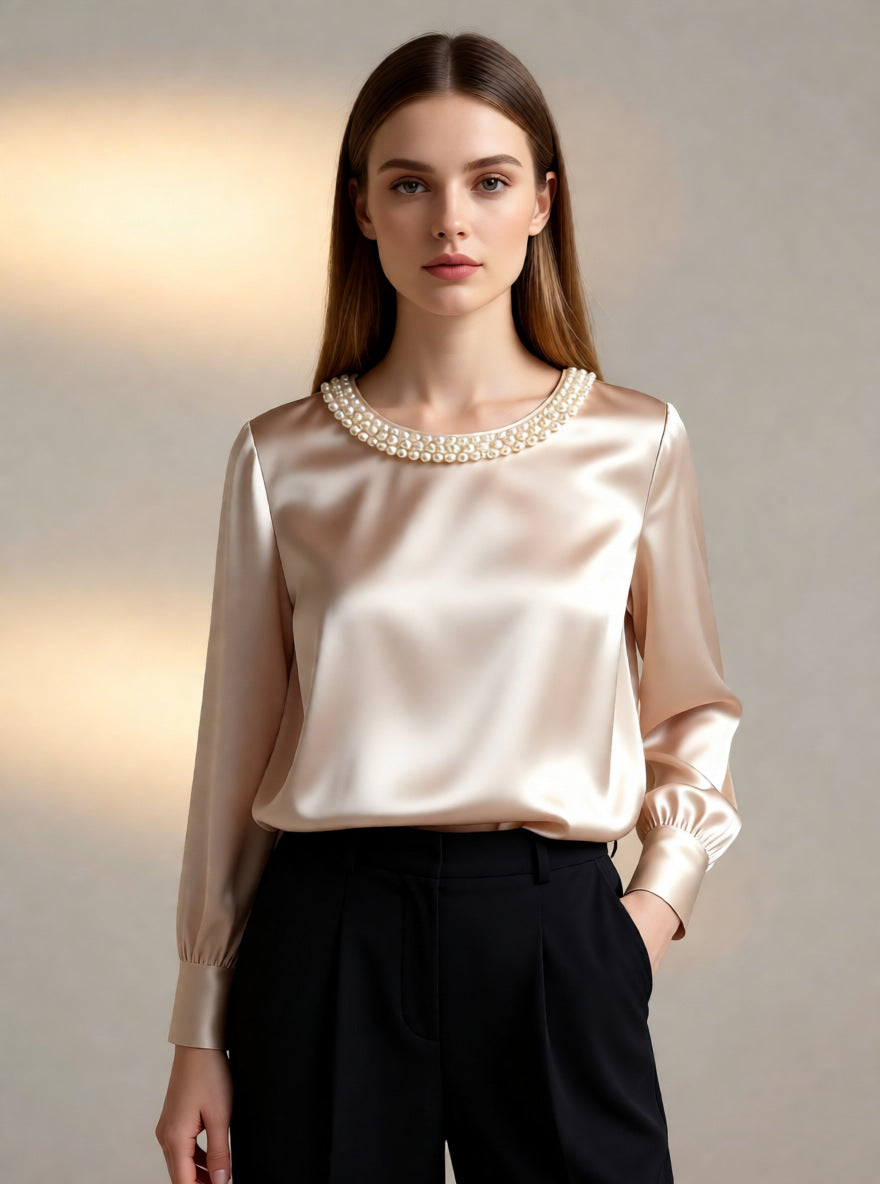 Neralivora - Beaded Satin Top with Jewel Collar