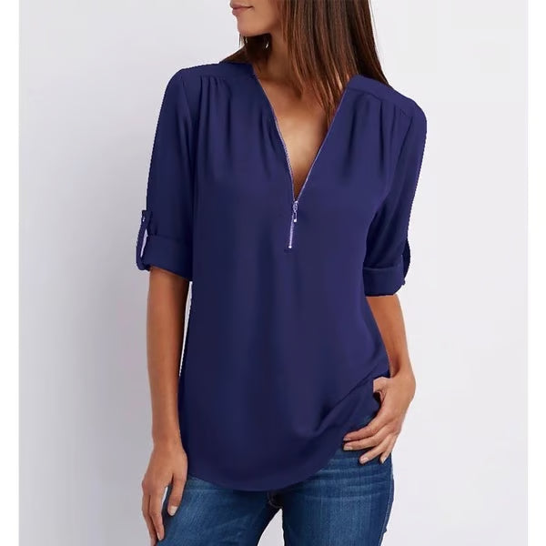 Quelina - Blouse Zippée Ample à Manches 3/4