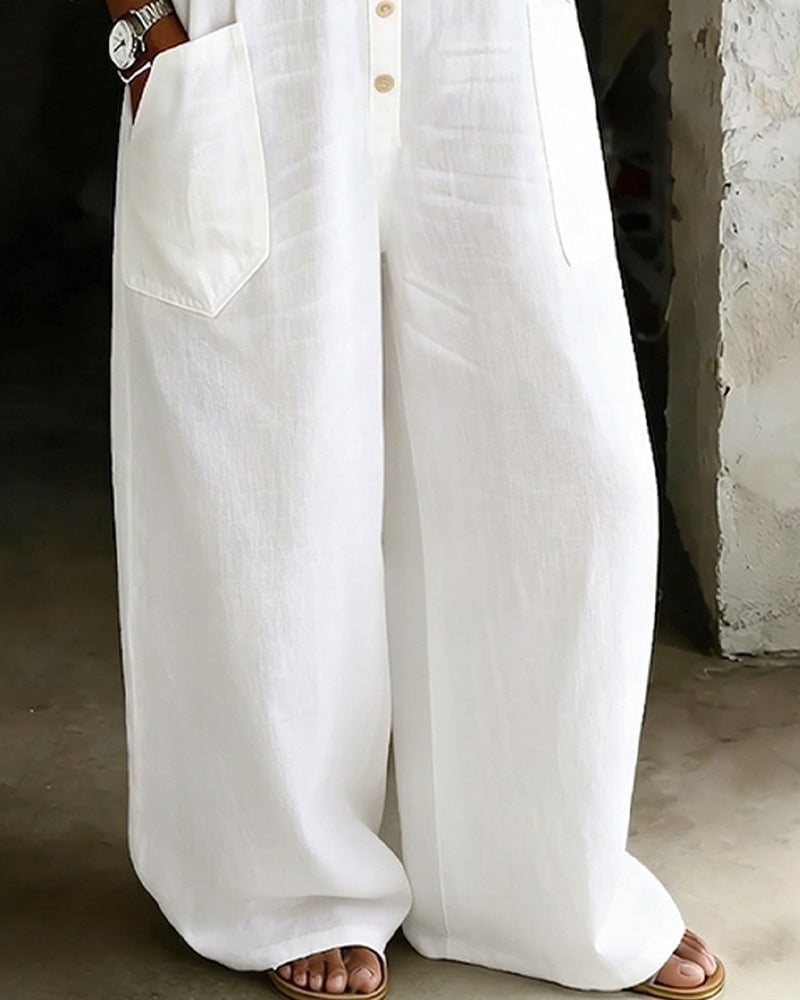 Ovyra - Women's white loose-fitting lightweight cotton elegant summer jumpsuit