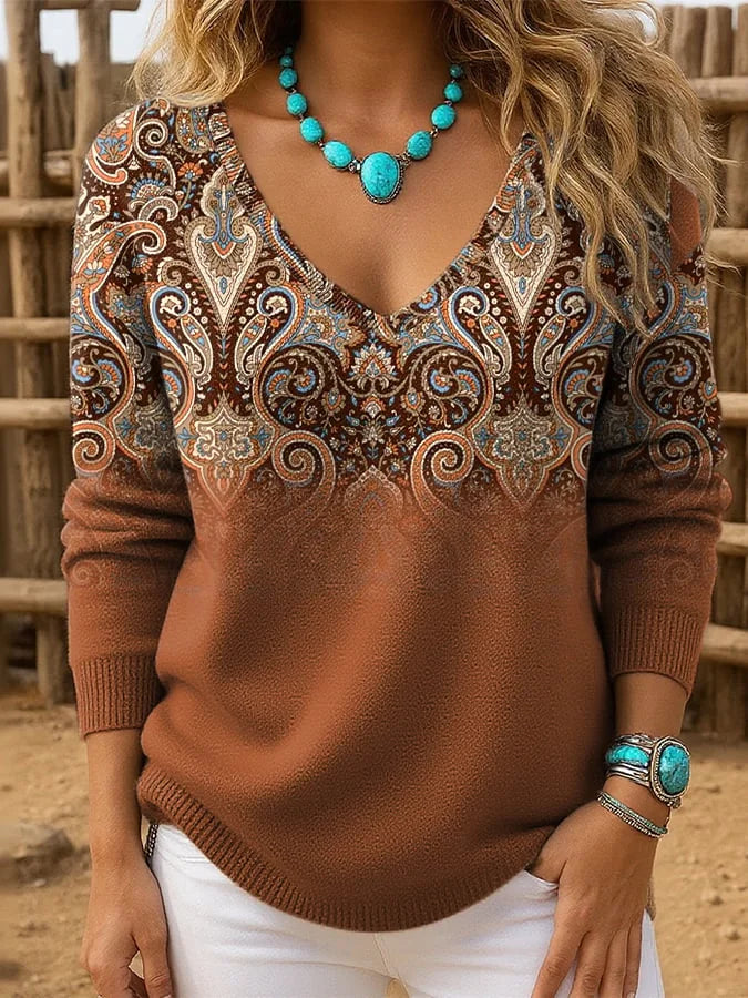 Gwenaliora - Bohemian Chic V-Neck Sweater