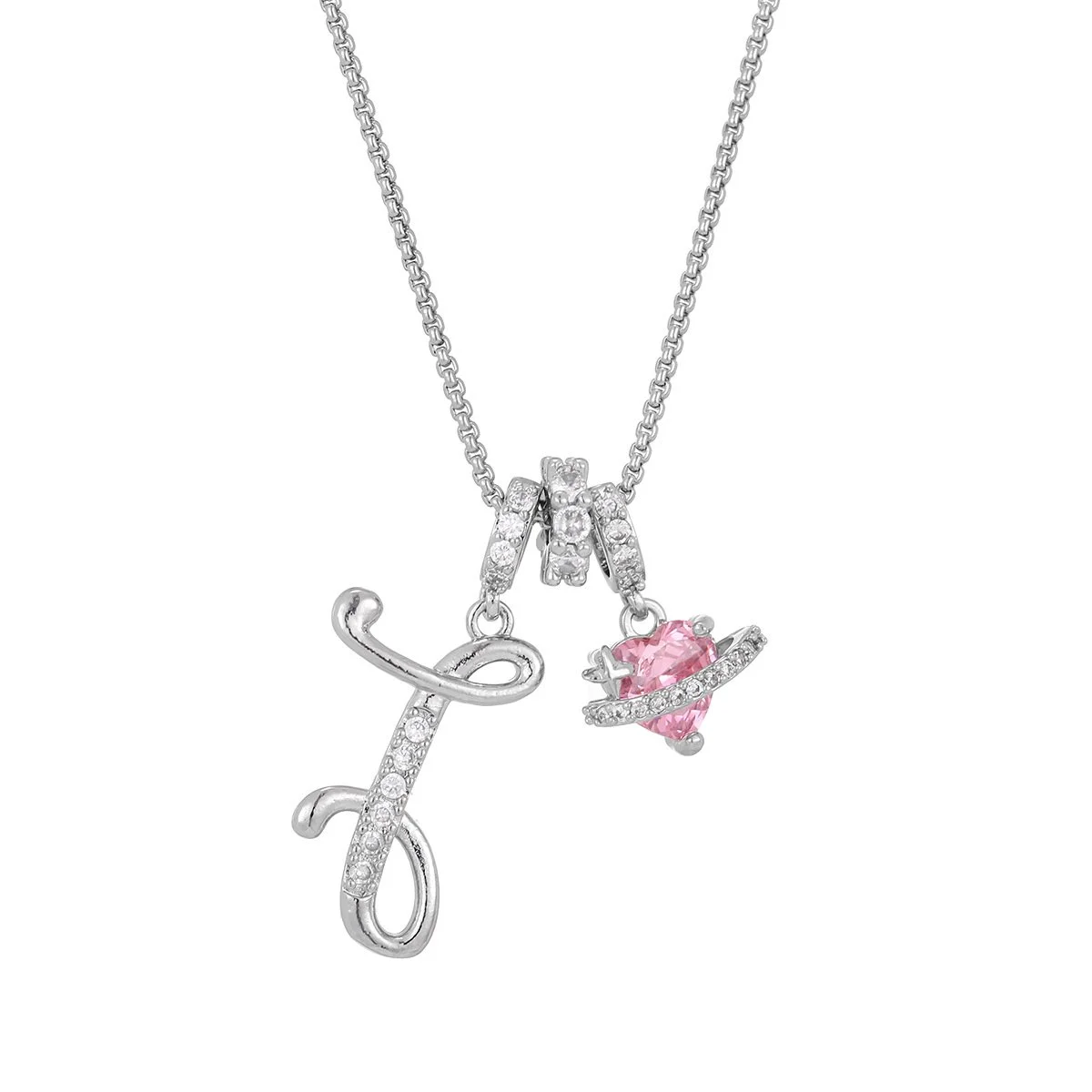 Carmelle - Initial Necklace with Sparkling Pink Heart