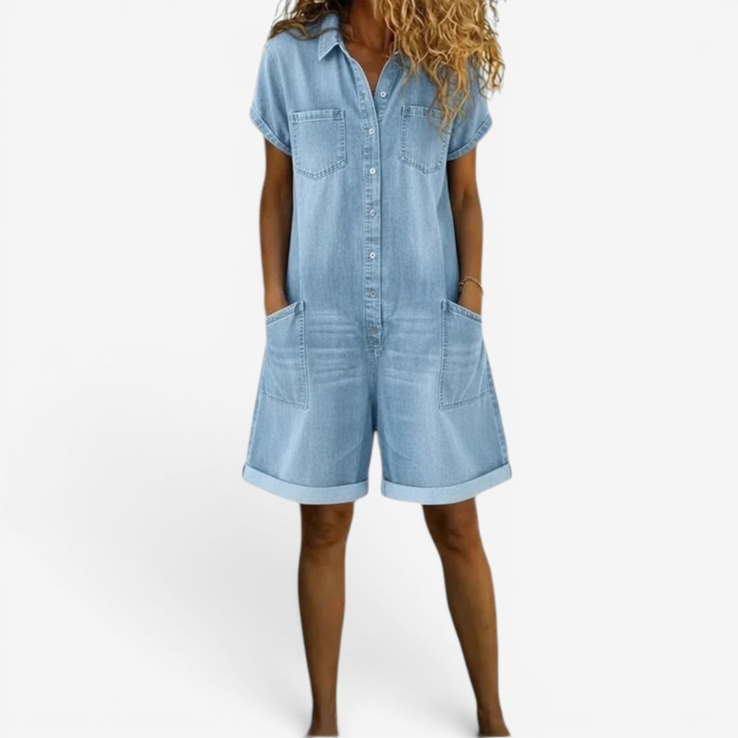 Rovellea - Women's Loose Denim Short Jumpsuit with Buttons, Casual Summer Style