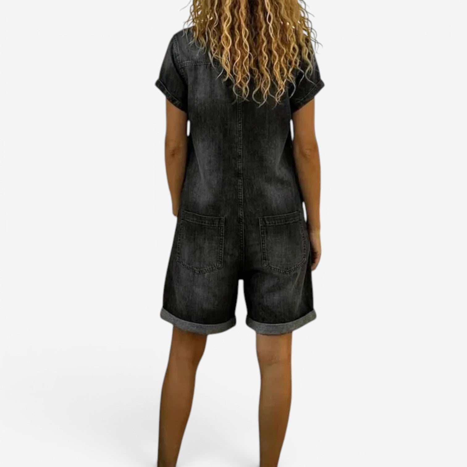 Rovellea - Women's Loose Denim Short Jumpsuit with Buttons, Casual Summer Style