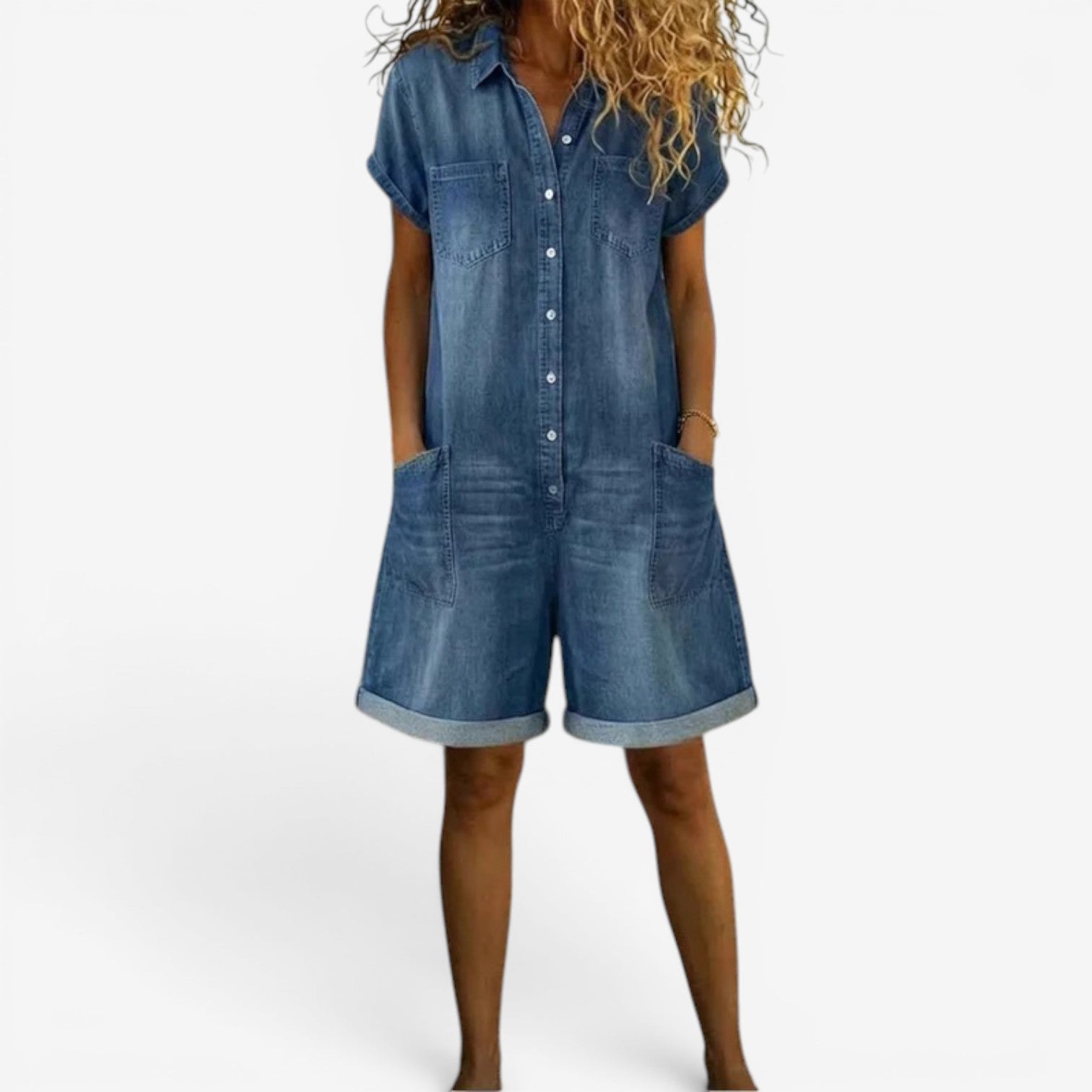 Rovellea - Women's Loose Denim Short Jumpsuit with Buttons, Casual Summer Style