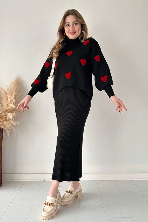 Annette - Trendy Heart and High Waisted Skirt Set