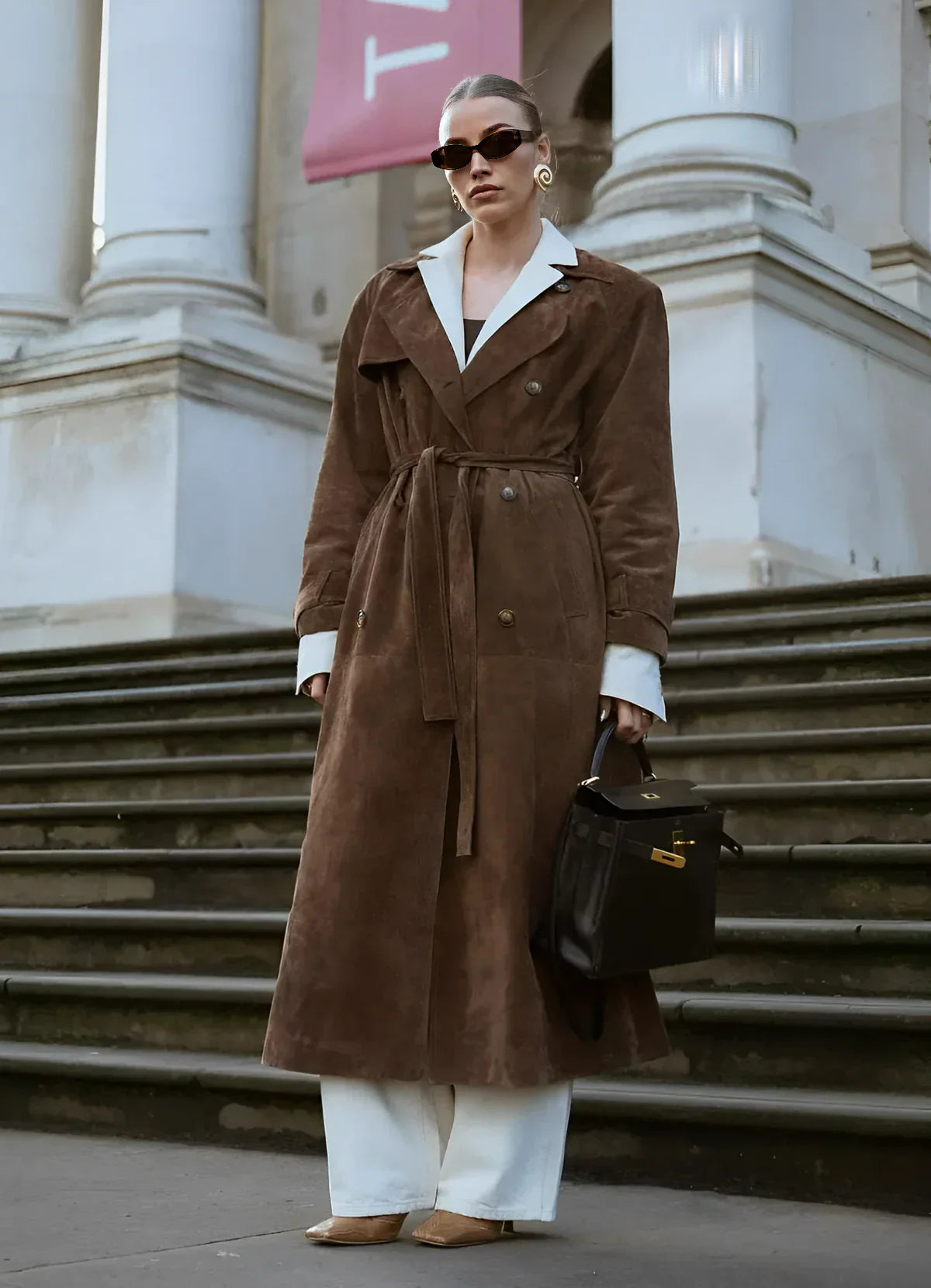 Cléore - Elegant Faux Suede Trench Coat