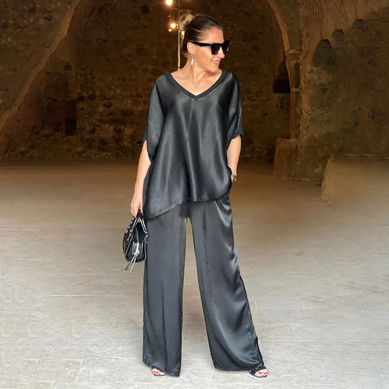 Laurie - Ensemble Deux Pièces Brillant Élégant Grande Taille avec Col en V