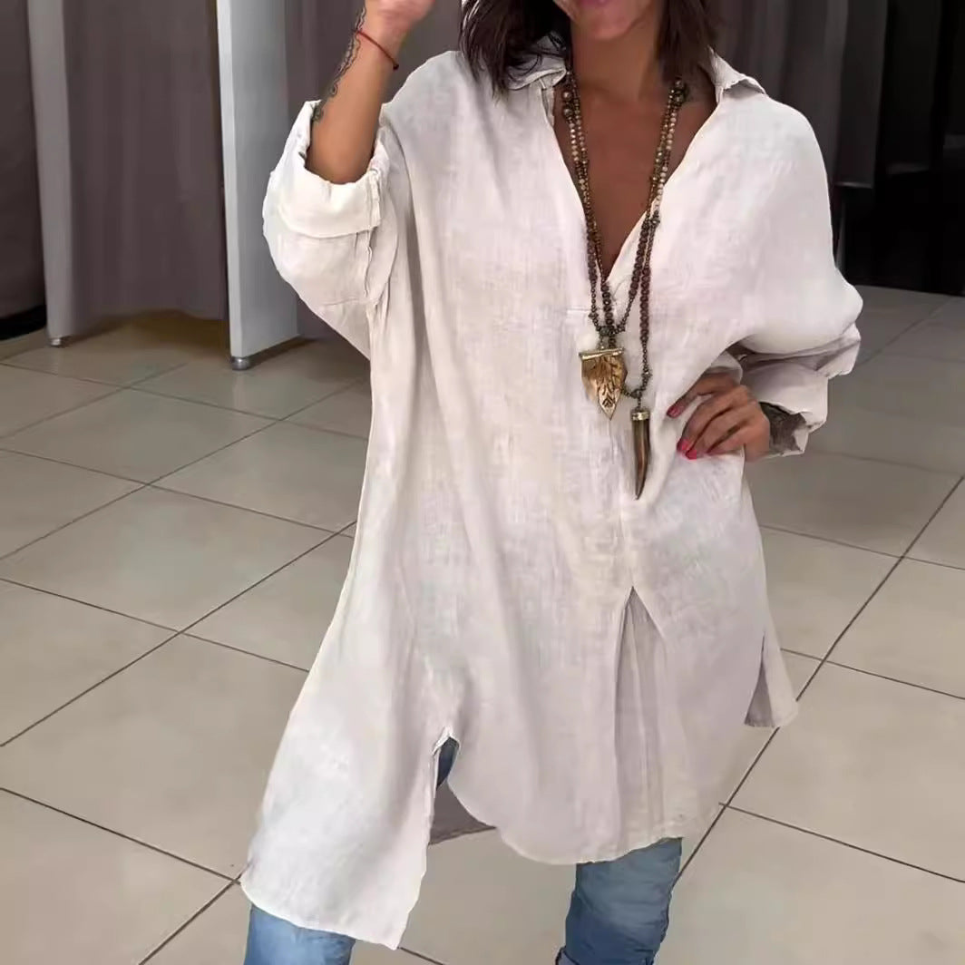 Marine - Chemise décontractée en lin et coton, col V