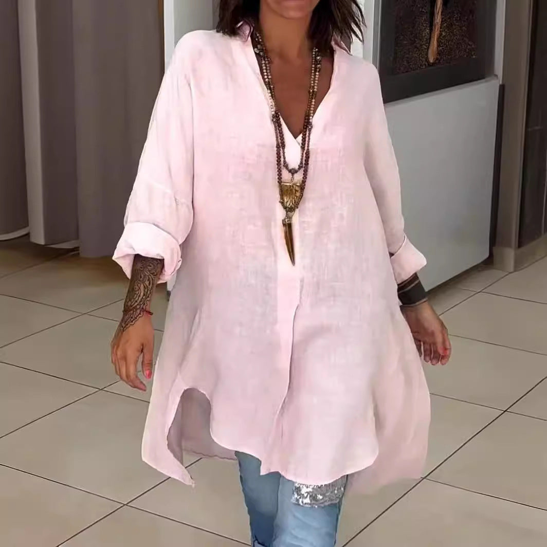 Marine - Chemise décontractée en lin et coton, col V