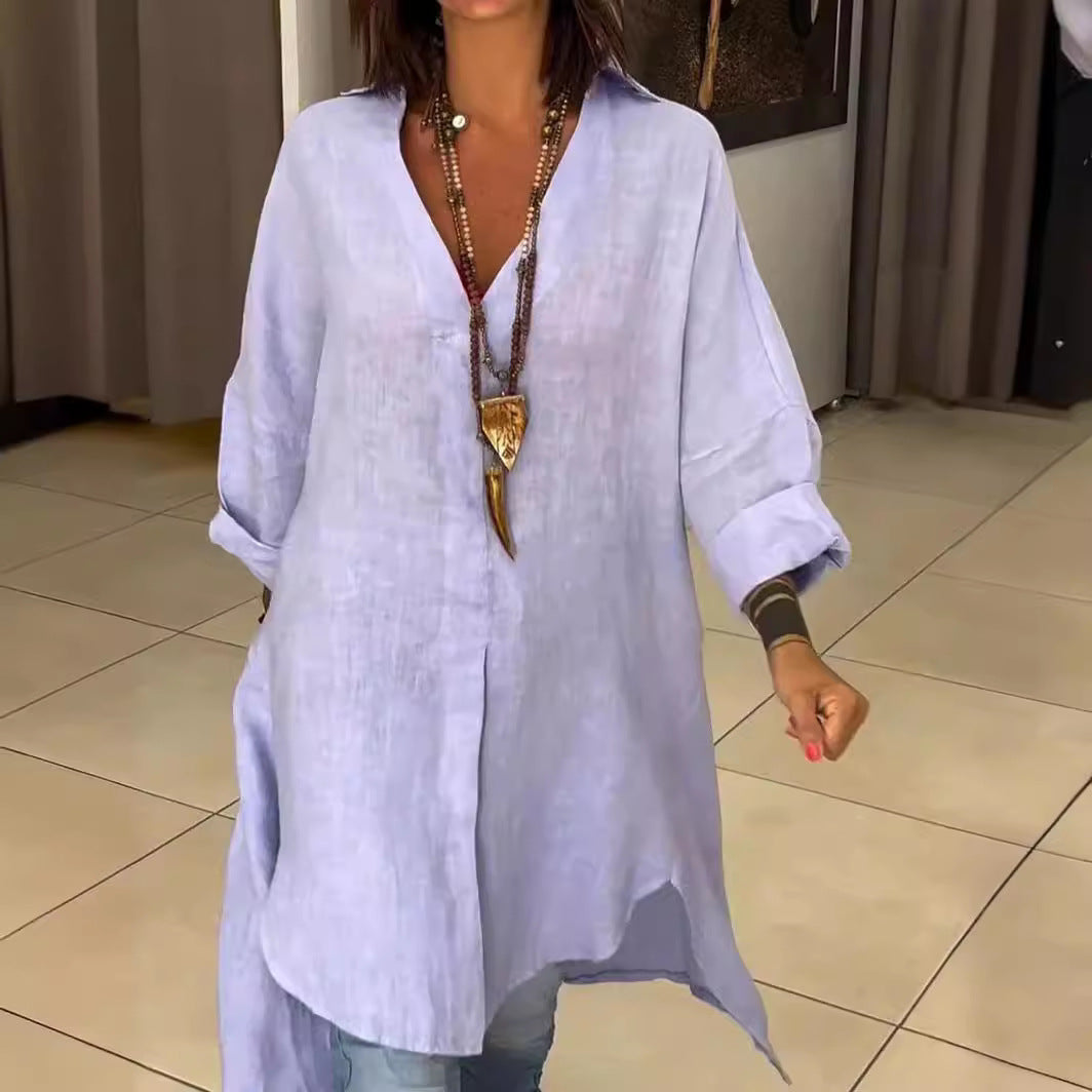 Melis™ - Chemise d'été en coton et lin avec décolleté en V