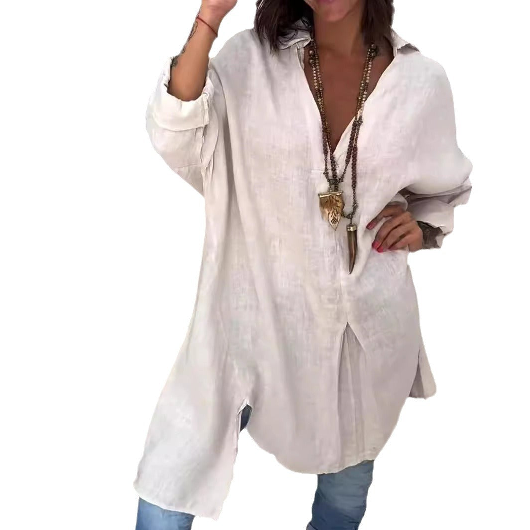 Melis™ - Chemise d'été en coton et lin avec décolleté en V