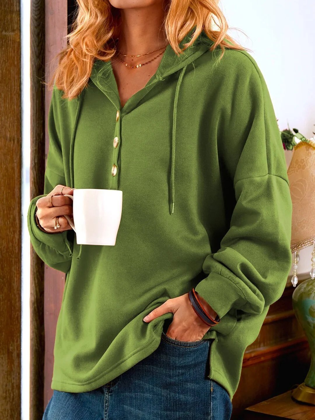 Clotilde - Vintage Long Sleeve Button-Up Sweatshirt