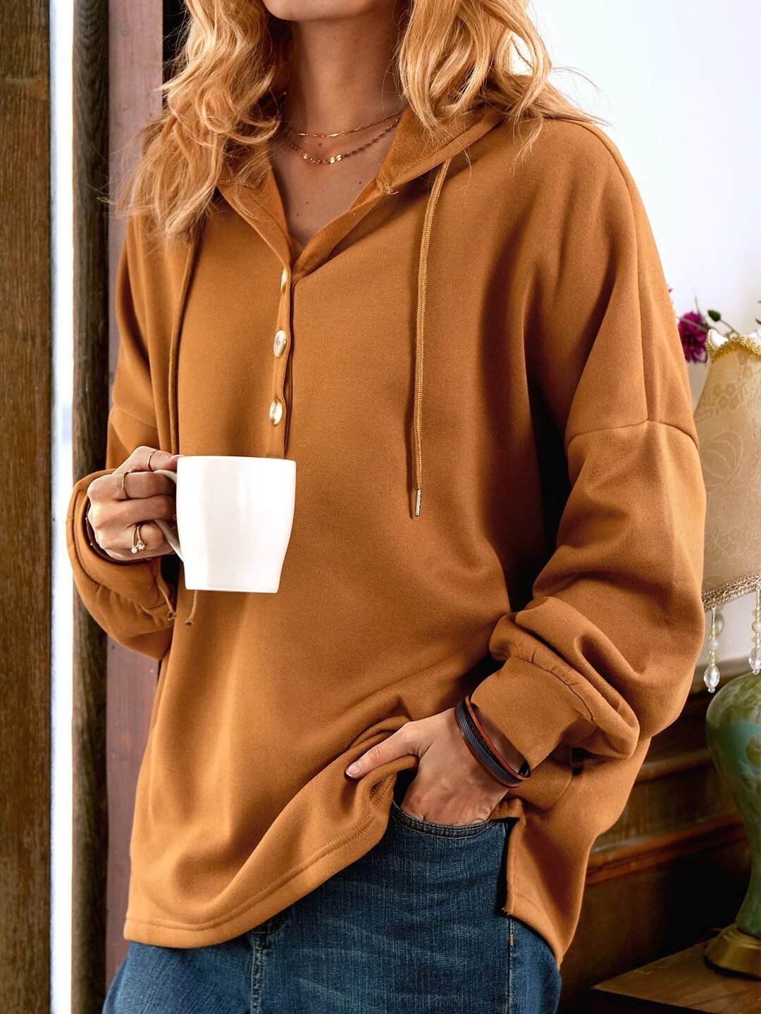 Clotilde - Vintage Long Sleeve Button-Up Sweatshirt