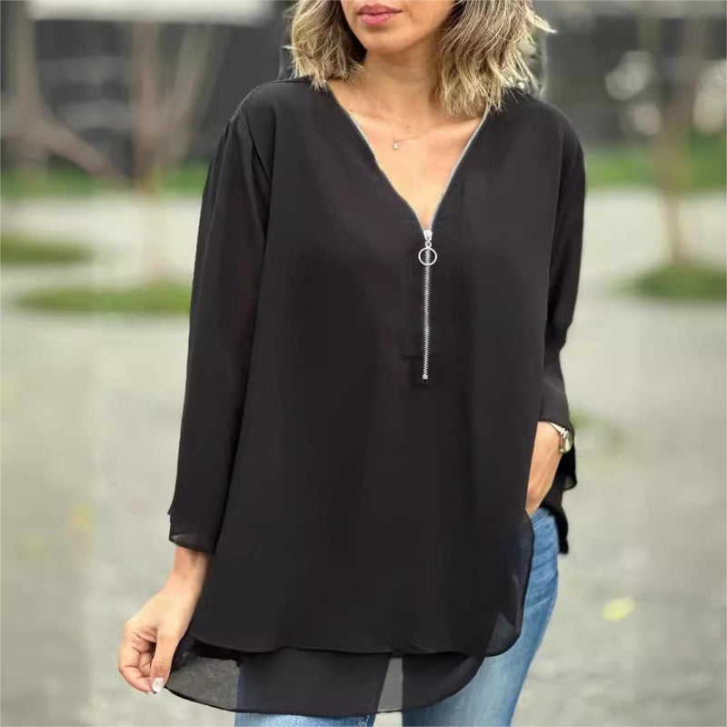 Ornella - Soft Double Layer Top with Zip and V-Neck