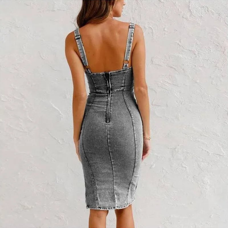 Estelle - Robe Bodycon en Denim à Bretelles Ajustables avec Décolleté U et Fente