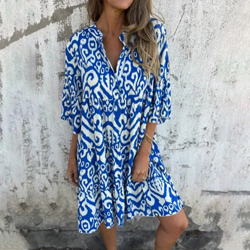Astrid - Printed V-Neck Dress with Three-Quarter Sleeves